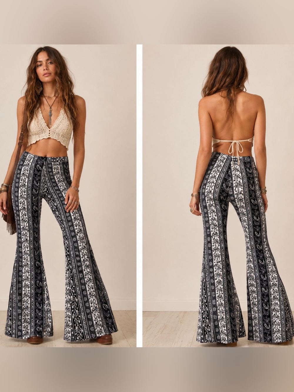 Maze Black & White Paisley Wide Leg Flare 70’s Hippie Boho Leggings Pants Medium